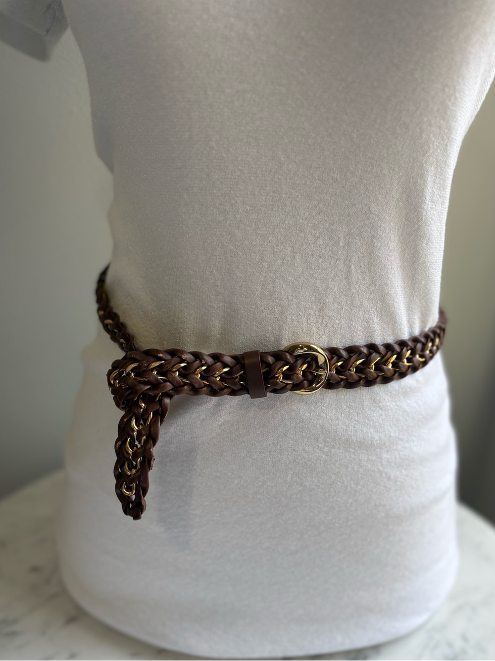 Banana Republic Brown Braided Chain Belt Gold Tone Leather Weave - Picture 6 of 6